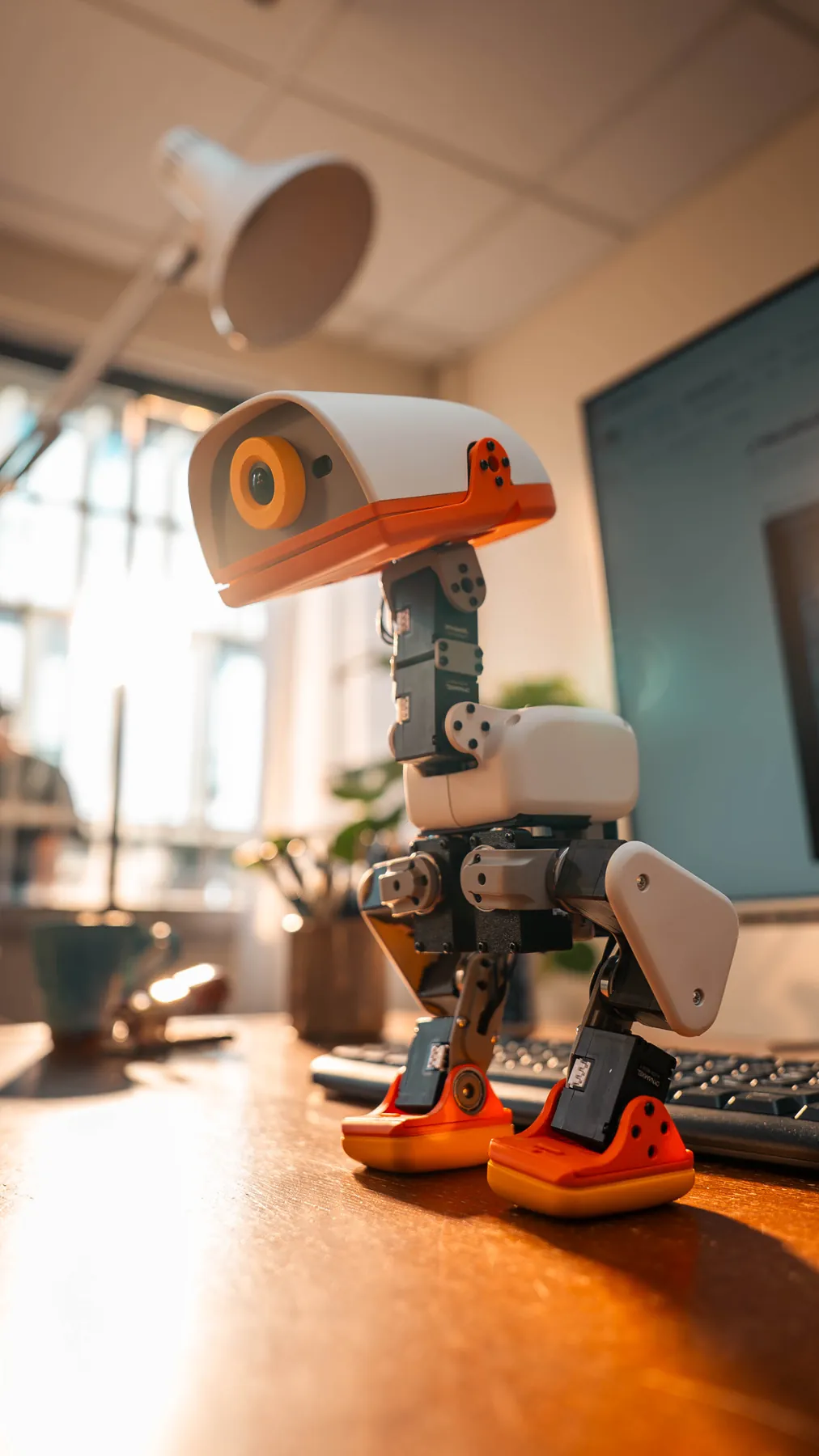 Microduck steht im warmen Licht auf einem Schreibtisch