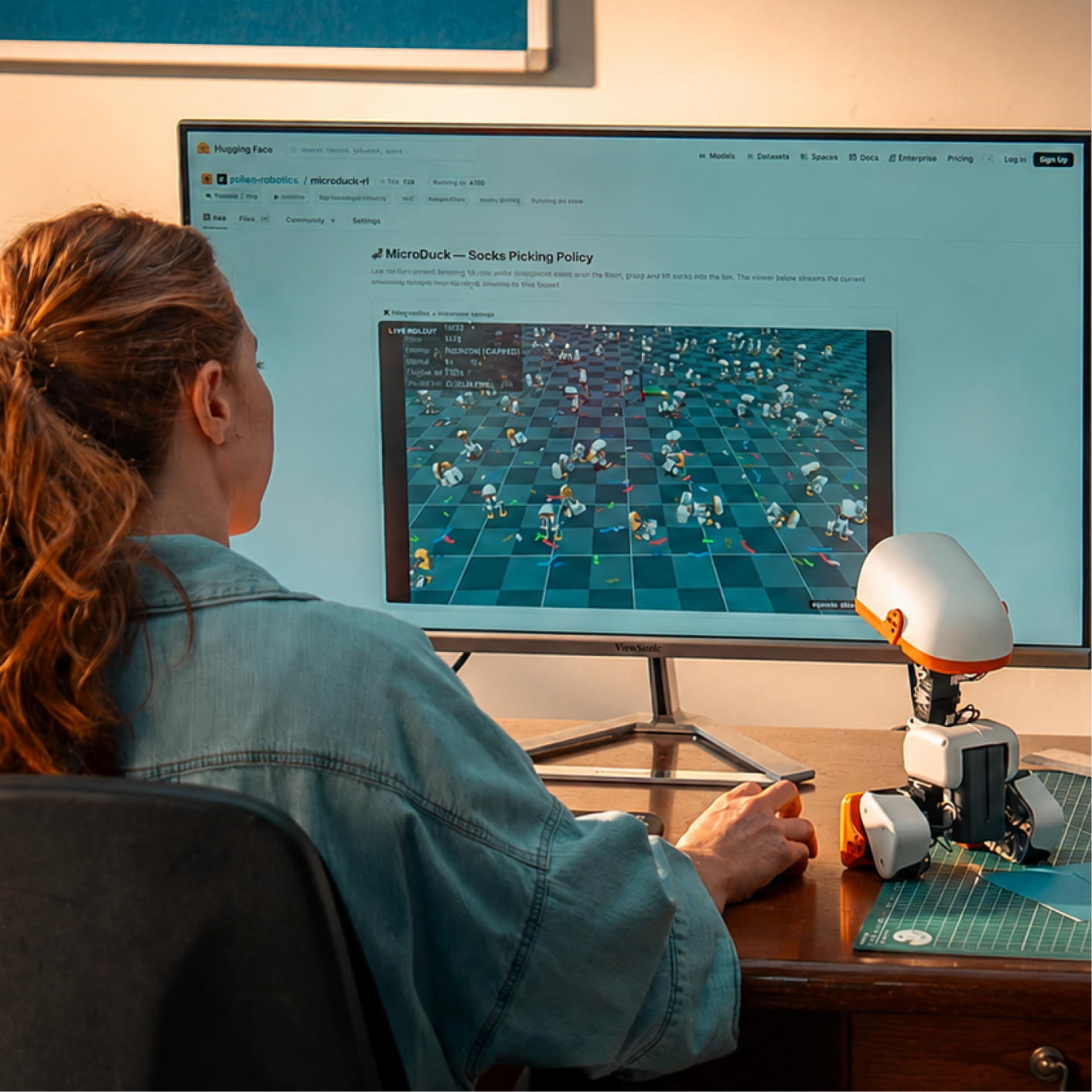 Microduck next to its MuJoCo simulation on screen