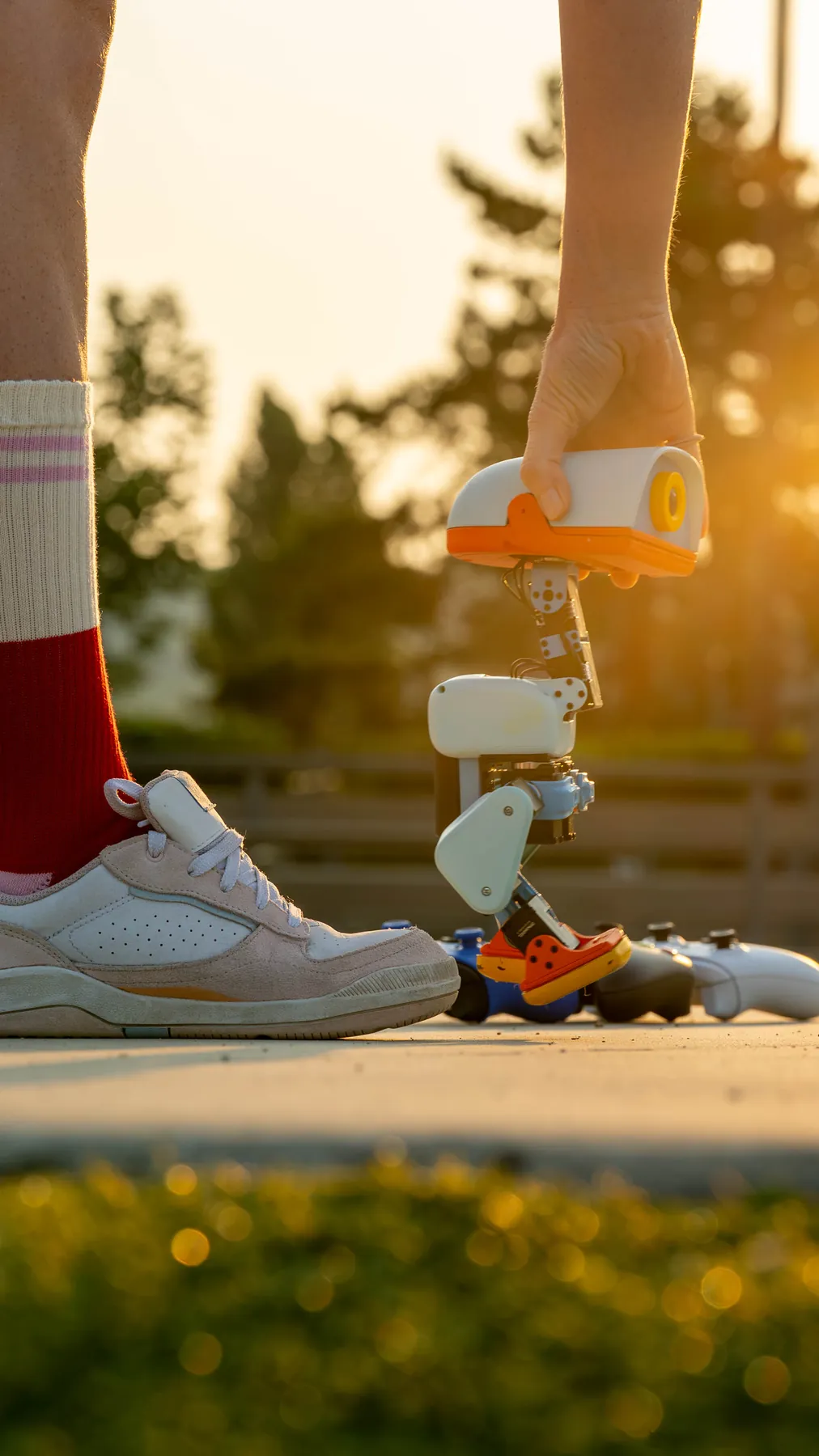 Microduck draußen zur goldenen Stunde neben einem Skateschuh