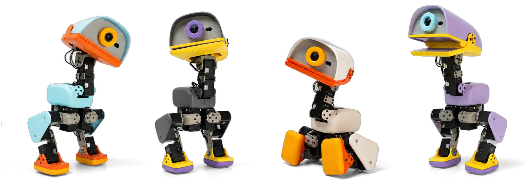 Four Microduck robots in Sky, Cream, Graphite and Lavender